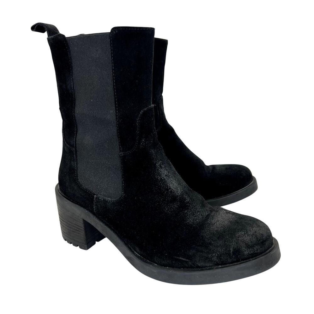 Emanuele Crasto Black Suede Chelsea Boots Mid Calf Block Heel Lug Sole 39